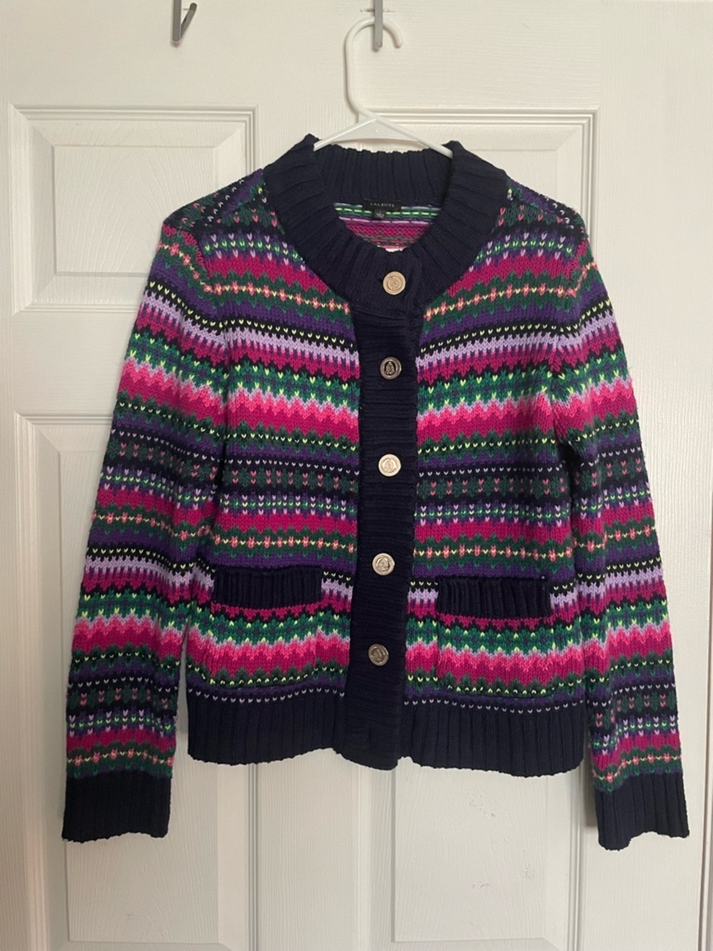 Talbots Navy Women’s Mockneck Sweater Cardigan Cadet Fair Isle Size Small